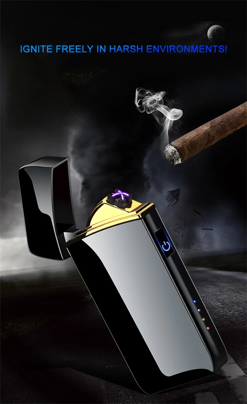 Electric Windproof Metal Lighter Double Arc Flameless Plasma Rechargeable USB Lighter LED Power Display Touch Sensor Lighters