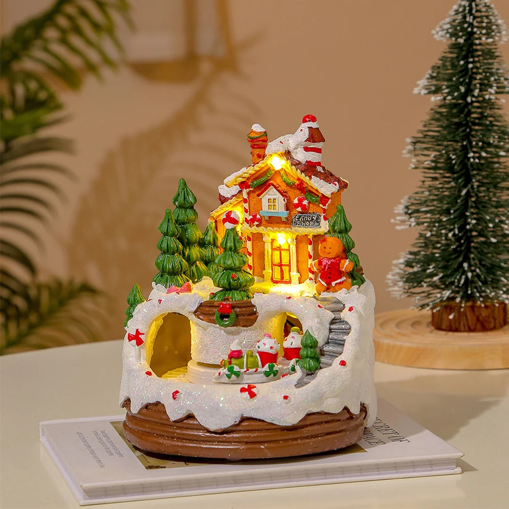 Christmas Music Box Snow House Ornaments with LED Light Resin Rotating Music Figurines Home Christmas Decorations New Year Gift