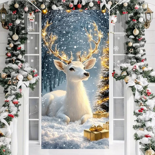 White Elk Linings For Christmas Doors Winter Snowy Scene Door Cover 2024 Xmas Outdoor Decoration Front Door 2025 New Year Decors