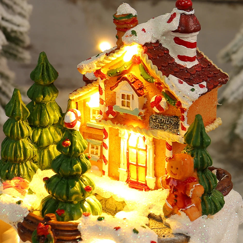 Christmas Music Box Snow House Ornaments with LED Light Resin Rotating Music Figurines Home Christmas Decorations New Year Gift