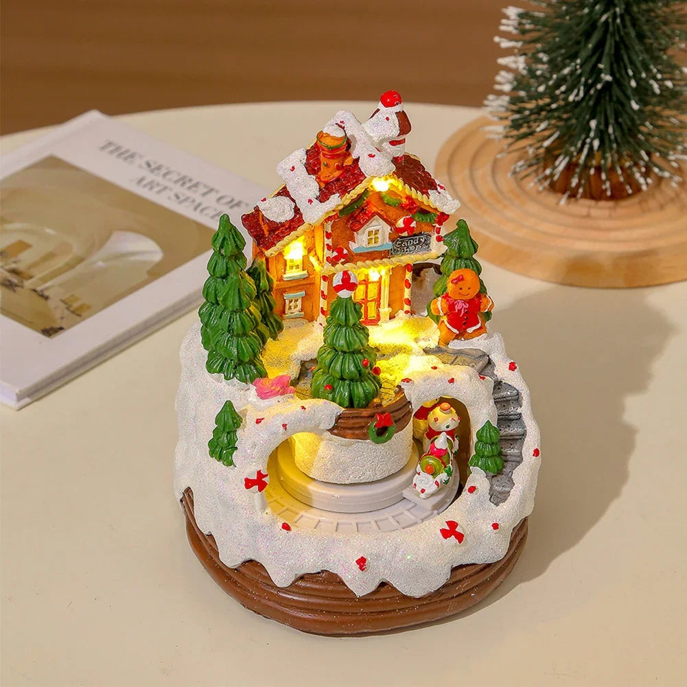 Christmas Music Box Snow House Ornaments with LED Light Resin Rotating Music Figurines Home Christmas Decorations New Year Gift