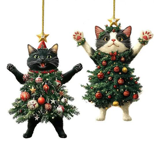 Christmas Cat Pendant Halloween Cartoon Animal Christmas 2D Acrylic Xmas Tree Ornaments 2024 New Year Home Decor