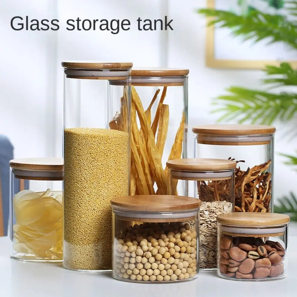 High Borosilicate Glass Sealed Jar with Bamboo Lid Spice Jars Storage Pots Tea Coffee Jar Transparent Split Bottle Storage Tank