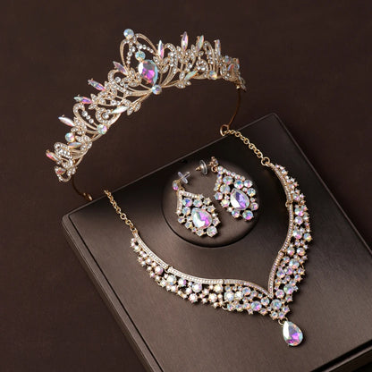 Luxury Silver Color Crystal Water Drop Bridal Jewelry Sets Rhinestone Tiaras Crown Necklace Earrings Wedding Dubai Jewelry Set