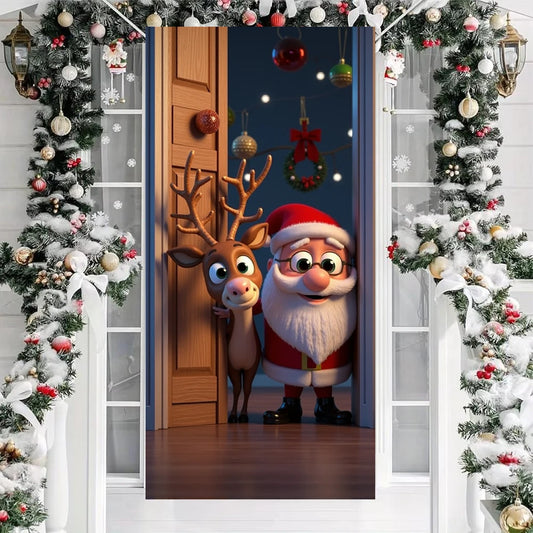 Cartoon Santa Elk Linings For Christmas Doors Kids Room Door Cover Banner Indoor Outdoor Porch Large Decoration New Year Decors