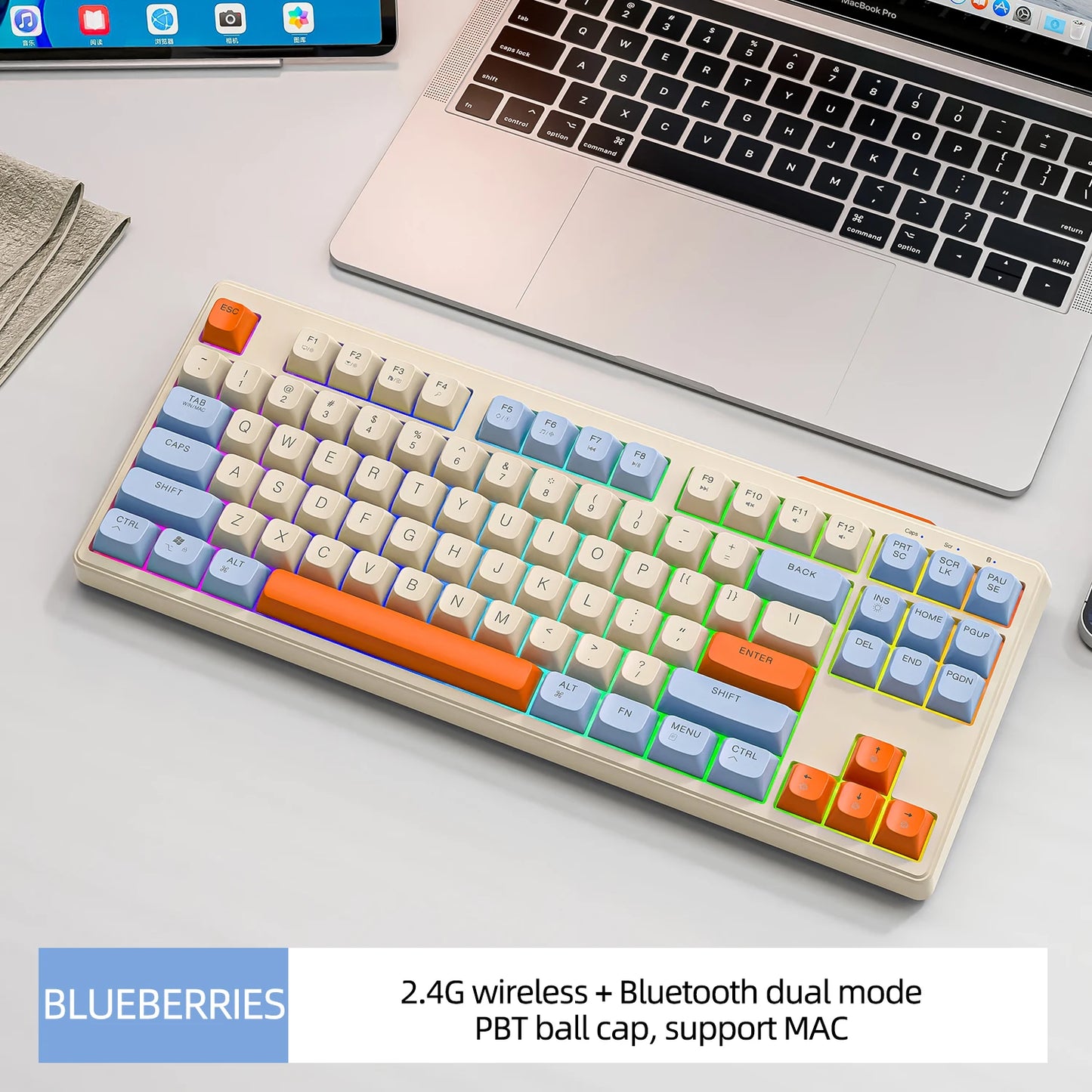 M87 Wireless Keyboard, 87keys Dual Mode Bluetooth Keyboard with Rainbow-light RGB,PBT Ballcaps Design Gaming Keyboard