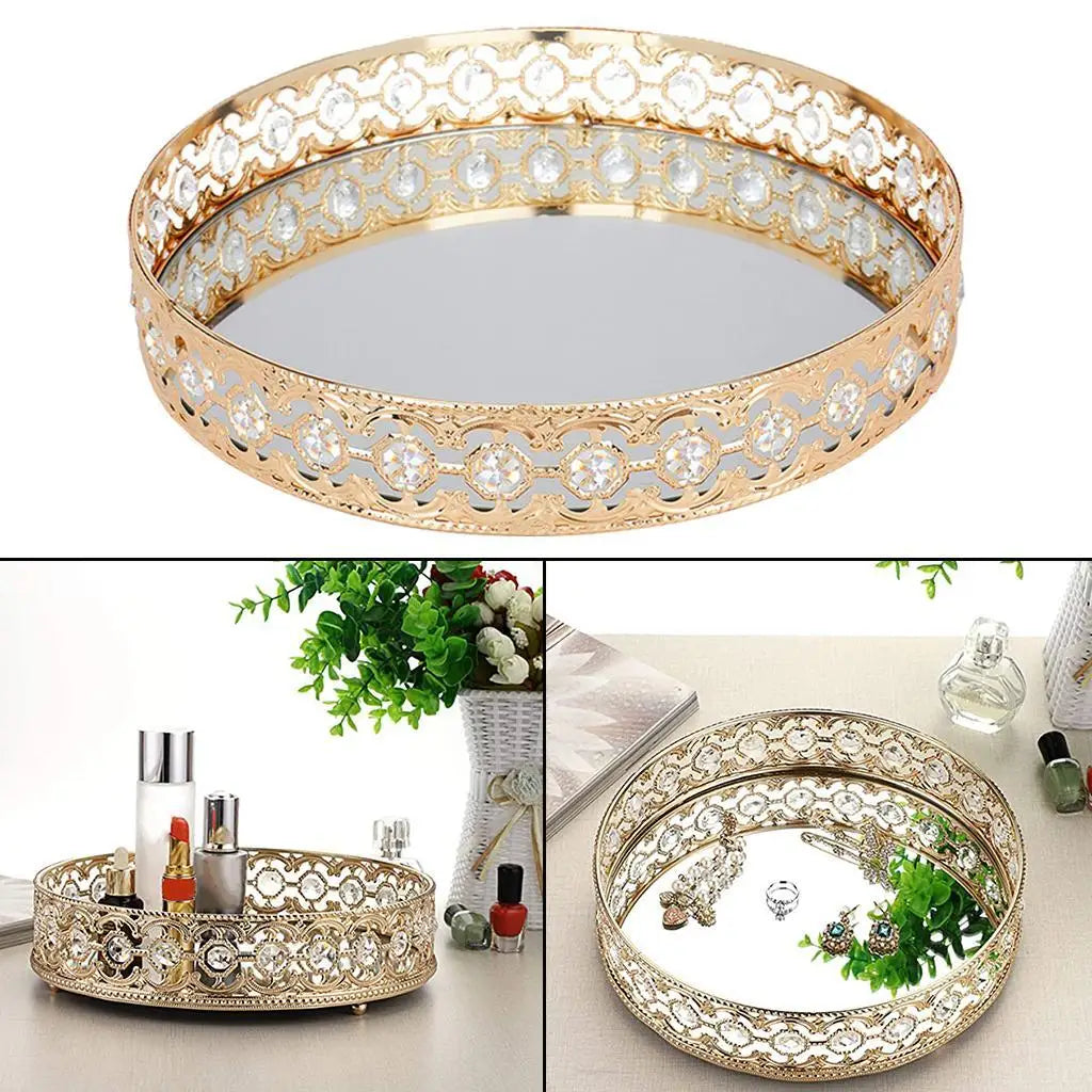 Crystal Decorative Tray Table Makeup Organizer Glass Mirror Perfume Lipstick Storage Plate Luxury Serving Tray Home Trinket Dish