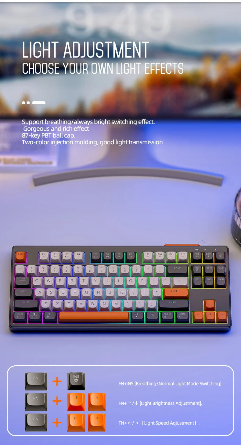 M87 Wireless Keyboard, 87keys Dual Mode Bluetooth Keyboard with Rainbow-light RGB,PBT Ballcaps Design Gaming Keyboard