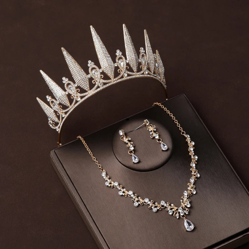 Luxury Silver Color Crystal Water Drop Bridal Jewelry Sets Rhinestone Tiaras Crown Necklace Earrings Wedding Dubai Jewelry Set