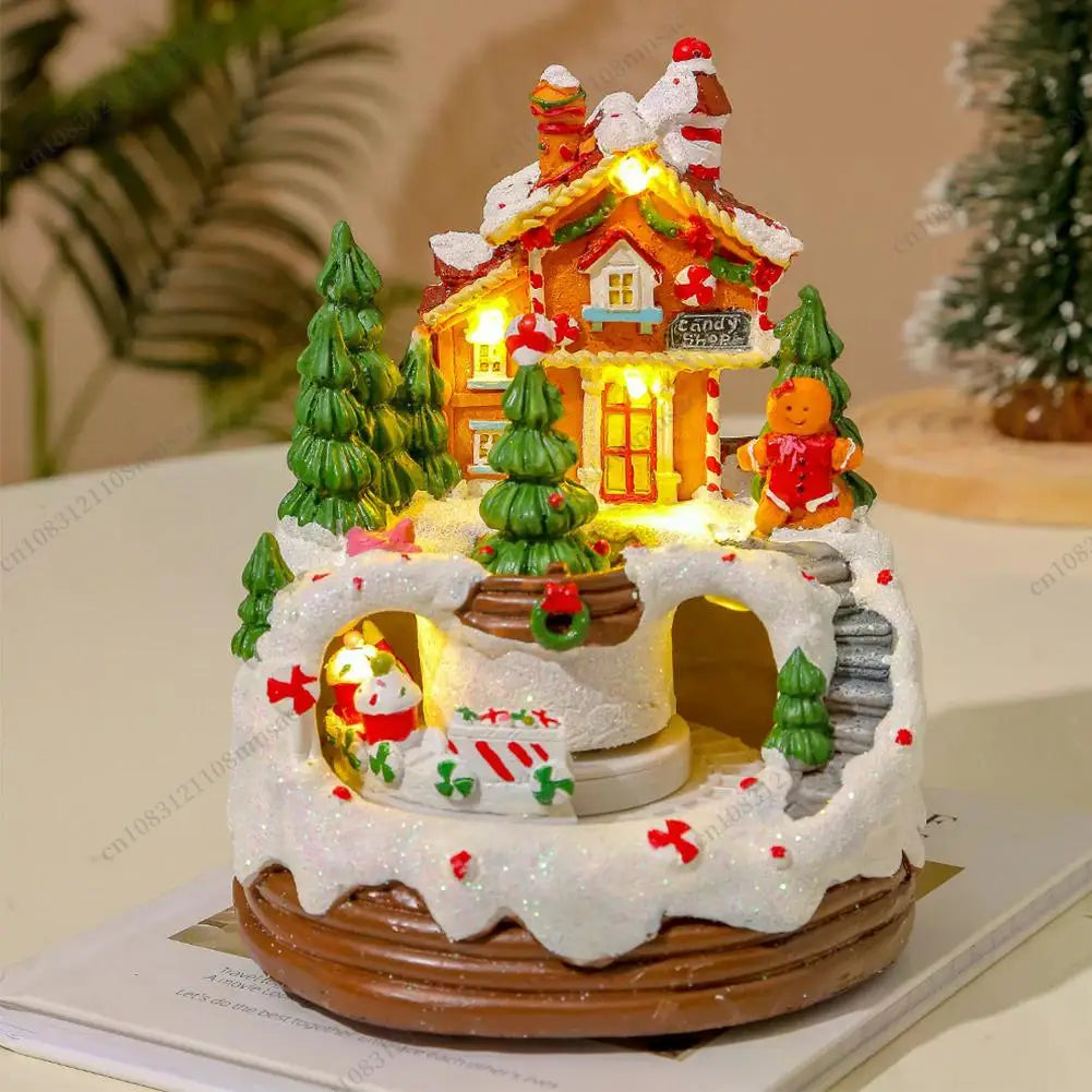 Christmas Music Box Snow House Ornaments with LED Light Resin Rotating Music Figurines Home Christmas Decorations New Year Gift