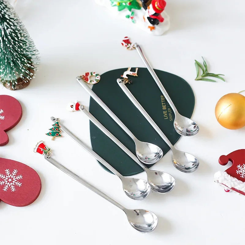 New Year 2021 Stainless Steel Christmas Spoons Xmas Party Coffee Spoon with Christmas pendant Christmas Decorations Noel Gift