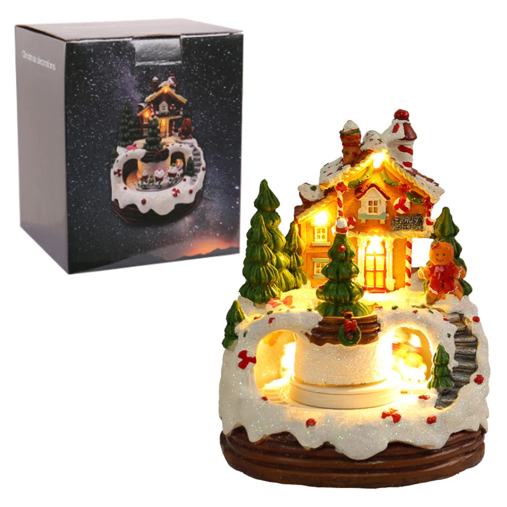 Christmas Music Box Snow House Ornaments with LED Light Resin Rotating Music Figurines Home Christmas Decorations New Year Gift