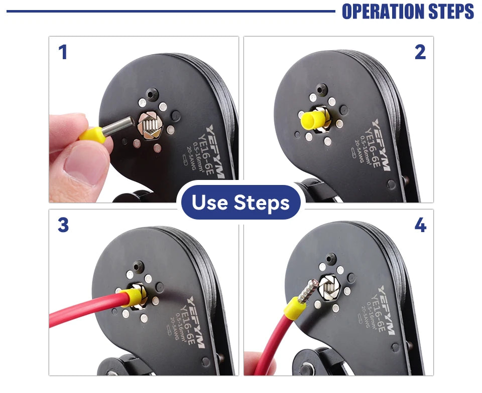 Инструмент для обжима наконечников, саморегулирующиеся шестигранные клещи для обжима проводов YE 16-6E для AWG 20-5 (0,5-16 мм²), инструмент для обжима проводов с храповым механизмом