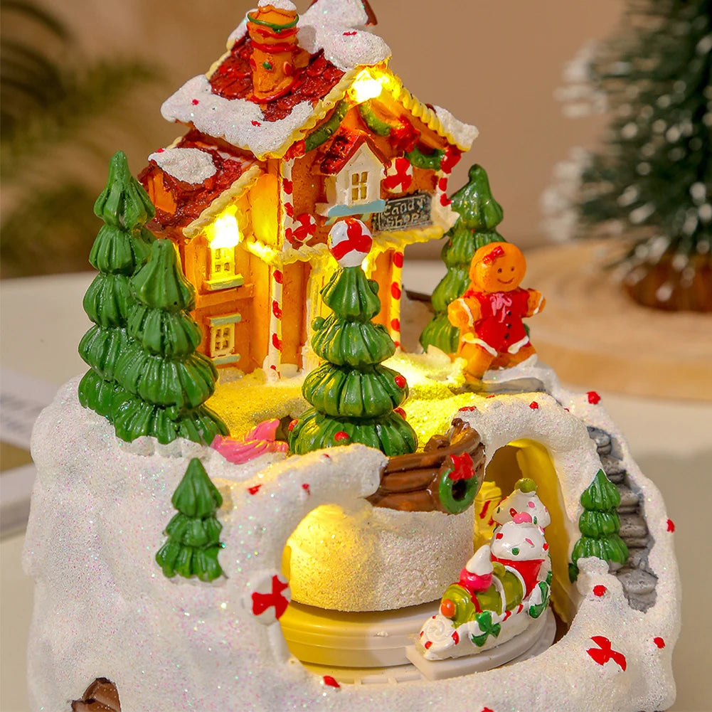 Christmas Music Box Snow House Ornaments with LED Light Resin Rotating Music Figurines Home Christmas Decorations New Year Gift