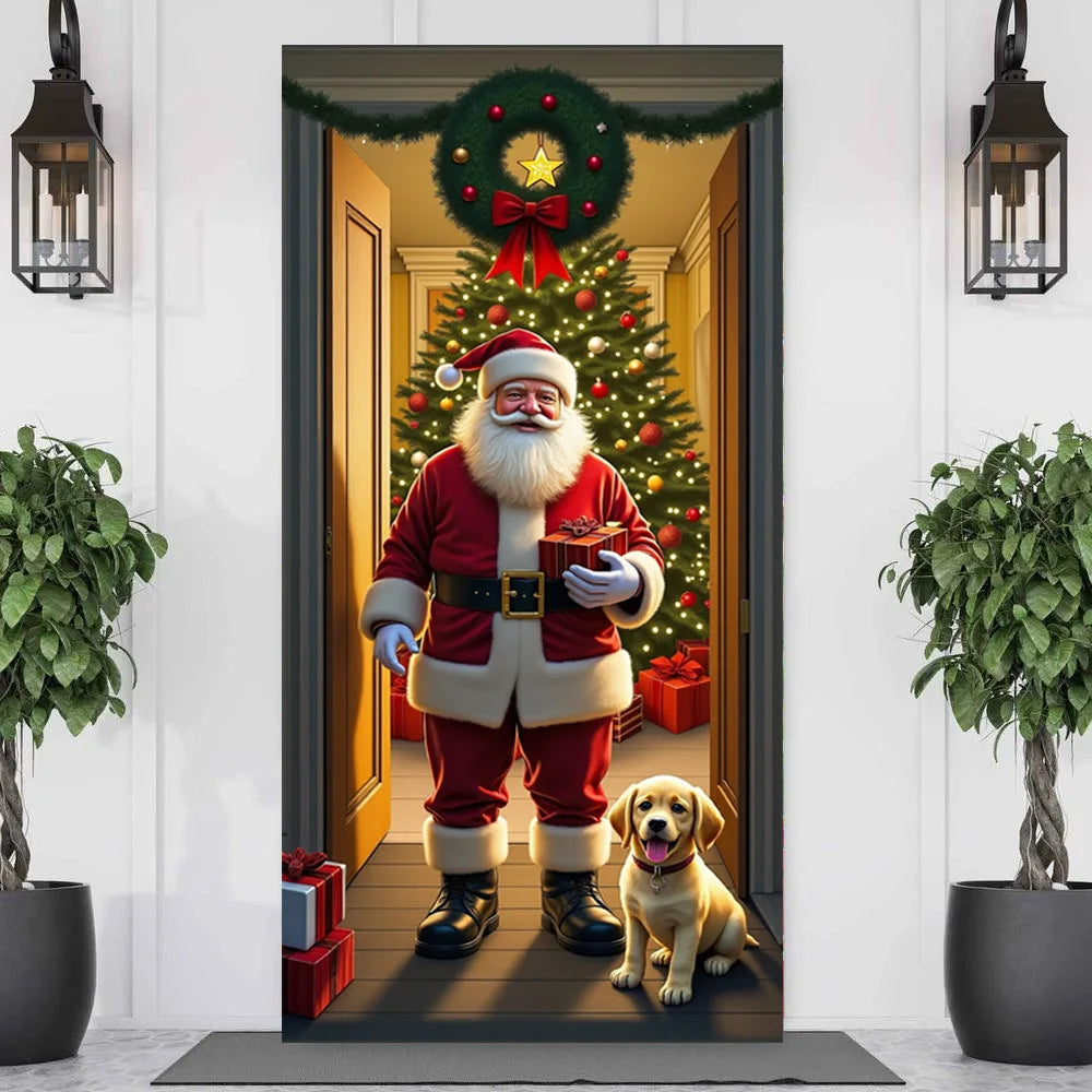 Santa Claus Christmas Tree Door Cover -185x90cm Festive Holiday Decoration Versatile Hanging for Entrance and Room