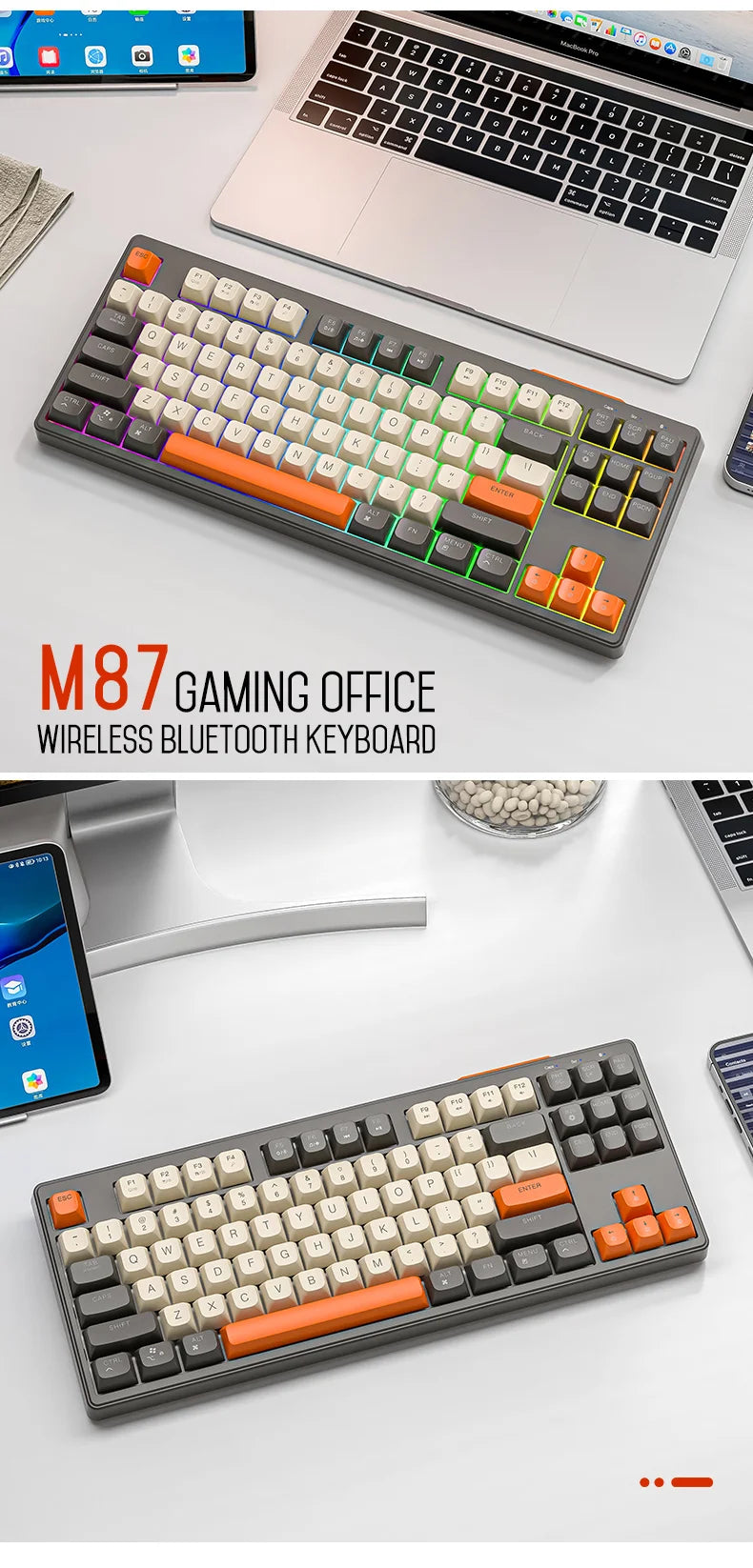 M87 Wireless Keyboard, 87keys Dual Mode Bluetooth Keyboard with Rainbow-light RGB,PBT Ballcaps Design Gaming Keyboard