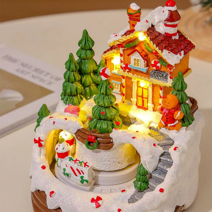 Christmas Music Box Snow House Ornaments with LED Light Resin Rotating Music Figurines Home Christmas Decorations New Year Gift