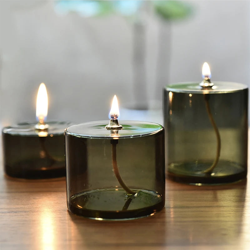 1pcs Candlestick Oil Lamp Dinner Rustic Christmas Home Decorations Halloween Gray Green Cylindrical Transparent Glass With Wick