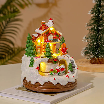 Christmas Music Box Snow House Ornaments with LED Light Resin Rotating Music Figurines Home Christmas Decorations New Year Gift