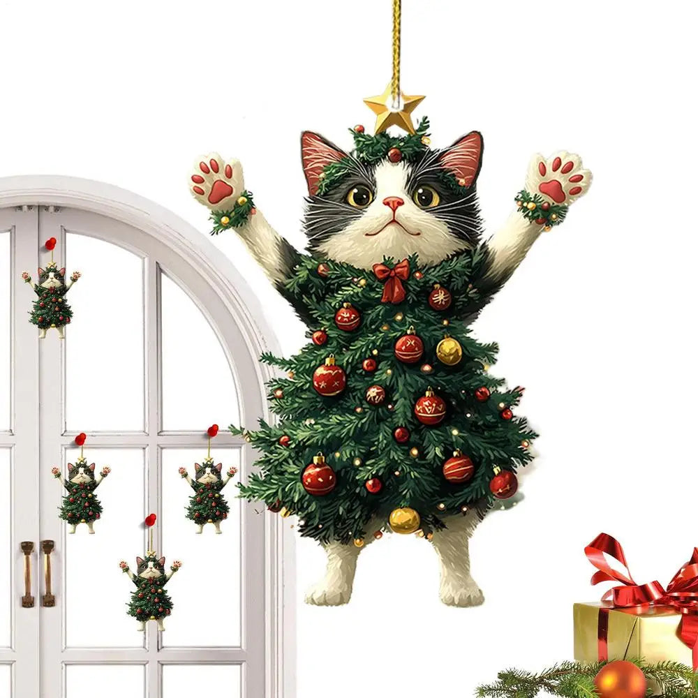 Christmas Cat Pendant Halloween Cartoon Animal Christmas 2D Acrylic Xmas Tree Ornaments 2024 New Year Home Decor