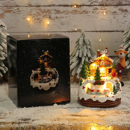 Christmas Music Box Snow House Ornaments with LED Light Resin Rotating Music Figurines Home Christmas Decorations New Year Gift