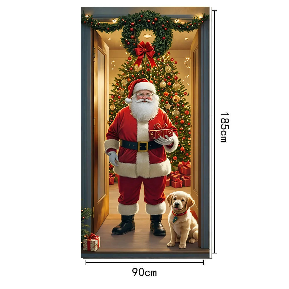 Santa Claus Christmas Tree Door Cover -185x90cm Festive Holiday Decoration Versatile Hanging for Entrance and Room