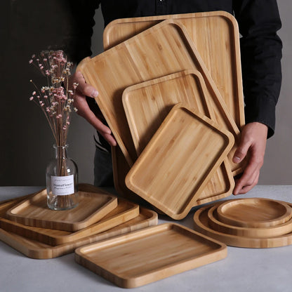 Home Bamboo Serving Tray Round Square Rectangle Breakfast Dessert Cake Tray Decorative Coffee Tea Platter Dinner Plate