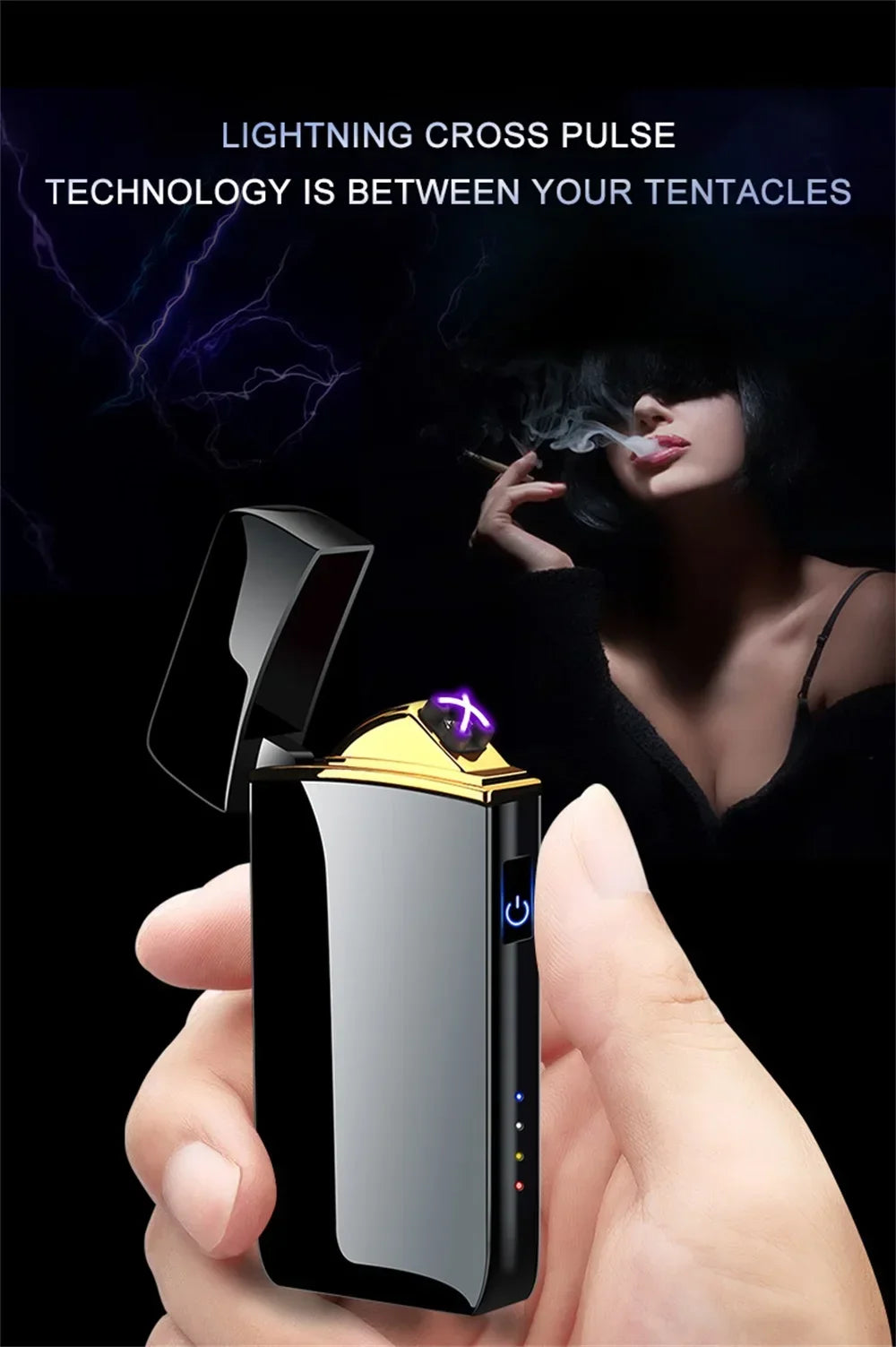 Electric Windproof Metal Lighter Double Arc Flameless Plasma Rechargeable USB Lighter LED Power Display Touch Sensor Lighters