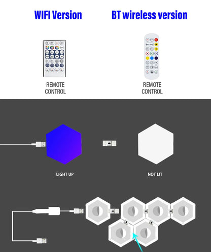 RGB интеллектуальный шестиугольный настенный светильник, меняющий цвет, окружающий ночник DYI, форма, музыкальный ритм, управление через приложение для игровой комнаты, спальни