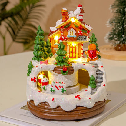 Christmas Music Box Snow House Ornaments with LED Light Resin Rotating Music Figurines Home Christmas Decorations New Year Gift