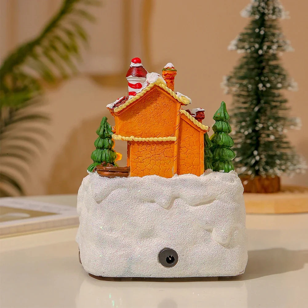 Christmas Music Box Snow House Ornaments with LED Light Resin Rotating Music Figurines Home Christmas Decorations New Year Gift