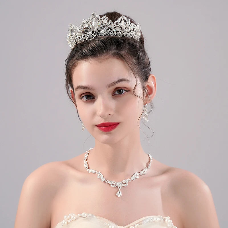 Luxury Silver Color Crystal Water Drop Bridal Jewelry Sets Rhinestone Tiaras Crown Necklace Earrings Wedding Dubai Jewelry Set