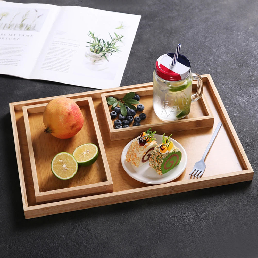 Home Bamboo Serving Tray Round Square Rectangle Breakfast Dessert Cake Tray Decorative Coffee Tea Platter Dinner Plate