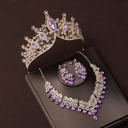 Luxury Silver Color Crystal Water Drop Bridal Jewelry Sets Rhinestone Tiaras Crown Necklace Earrings Wedding Dubai Jewelry Set