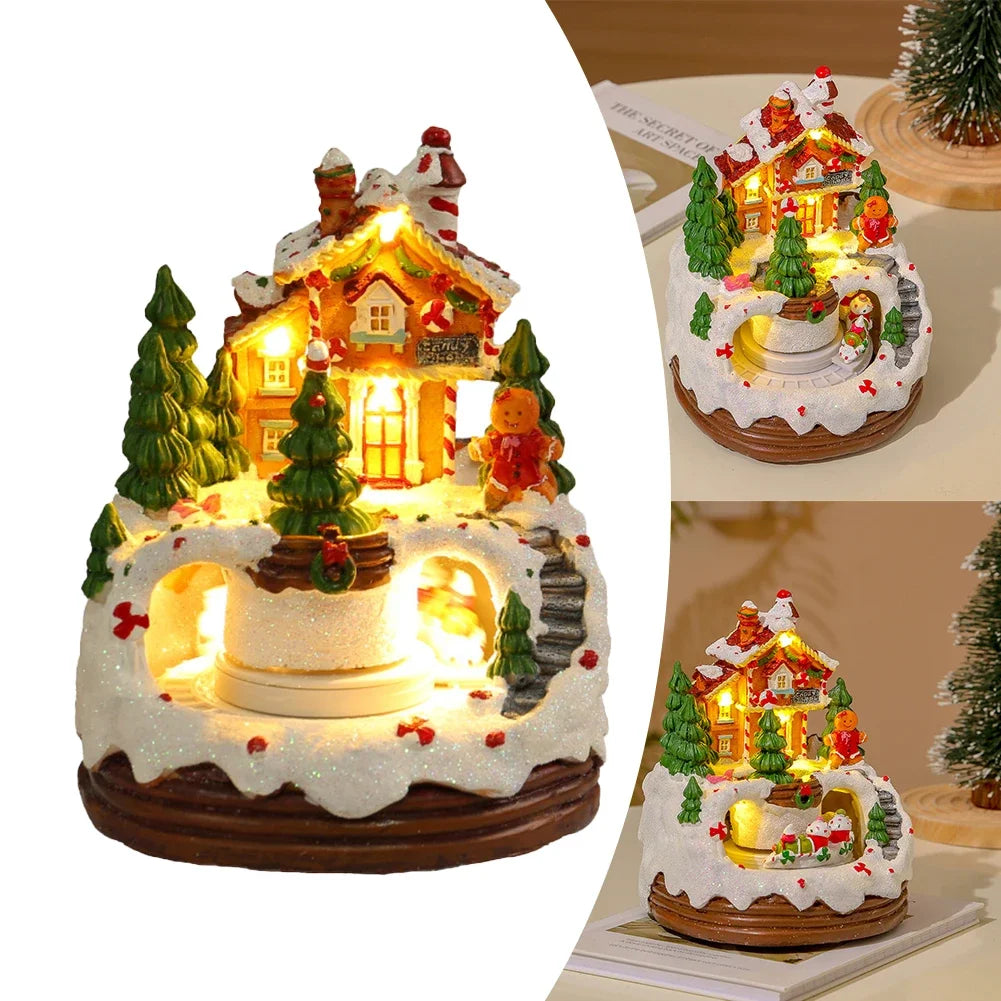 Christmas Music Box Snow House Ornaments with LED Light Resin Rotating Music Figurines Home Christmas Decorations New Year Gift