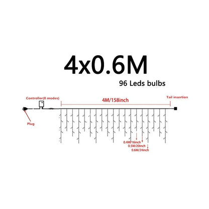 4Mx0,6M светодиодные гирлянды для штор с сосульками, вилка европейского стандарта, Рождественская гирлянда, подвесной светильник, свадебный сад, уличное декоративное освещение