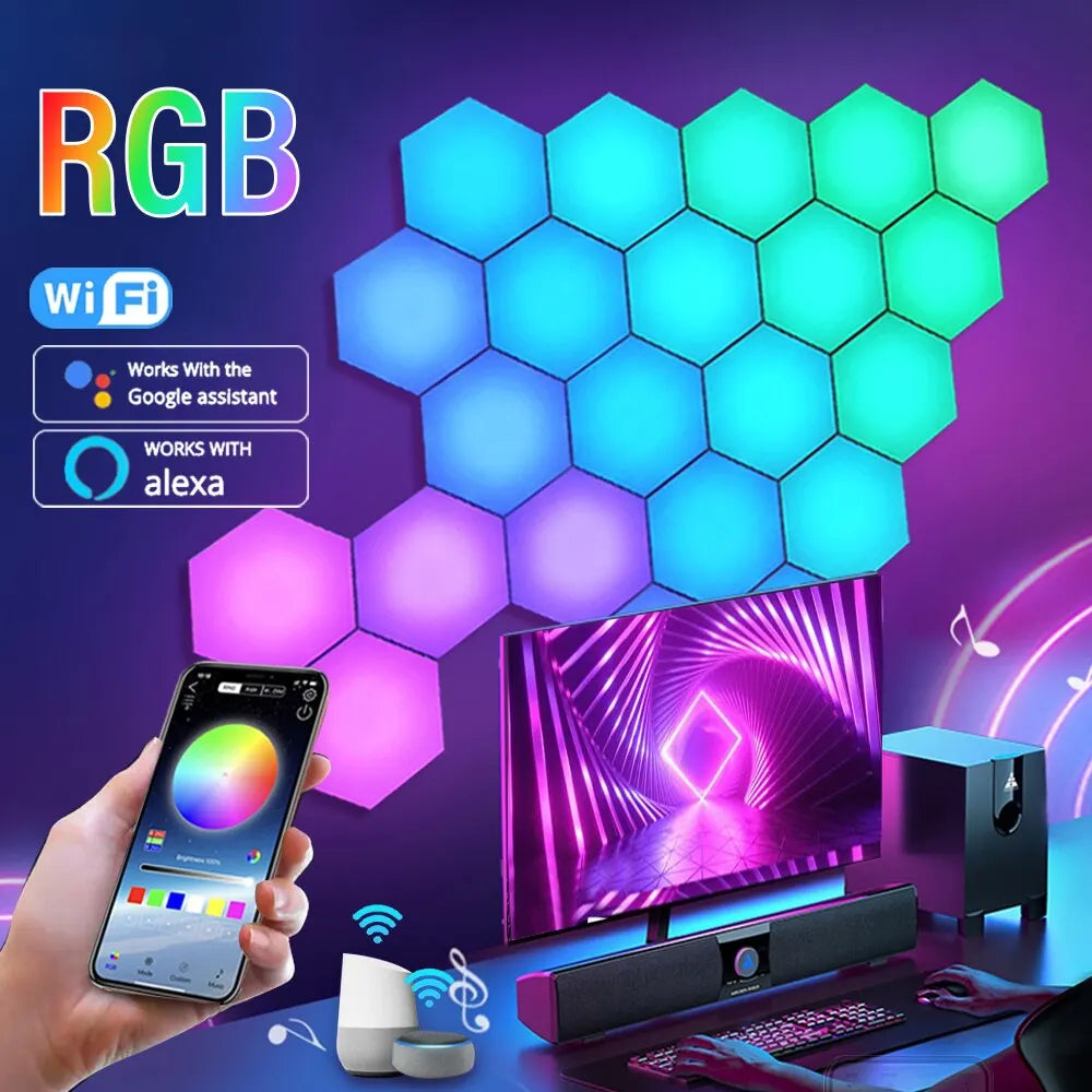 RGB интеллектуальный шестиугольный настенный светильник, меняющий цвет, окружающий ночник DYI, форма, музыкальный ритм, управление через приложение для игровой комнаты, спальни