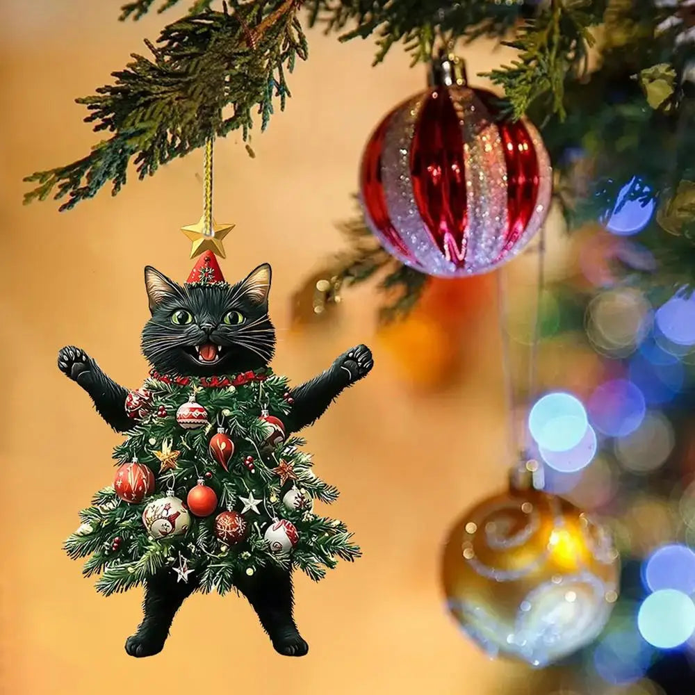 Christmas Cat Pendant Halloween Cartoon Animal Christmas 2D Acrylic Xmas Tree Ornaments 2024 New Year Home Decor