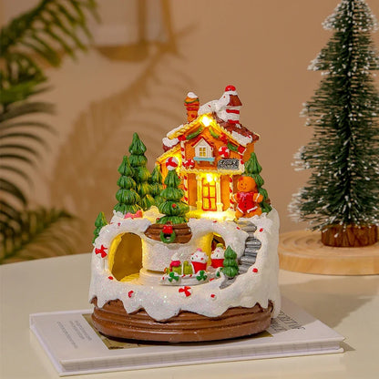 Christmas Music Box Snow House Ornaments with LED Light Resin Rotating Music Figurines Home Christmas Decorations New Year Gift