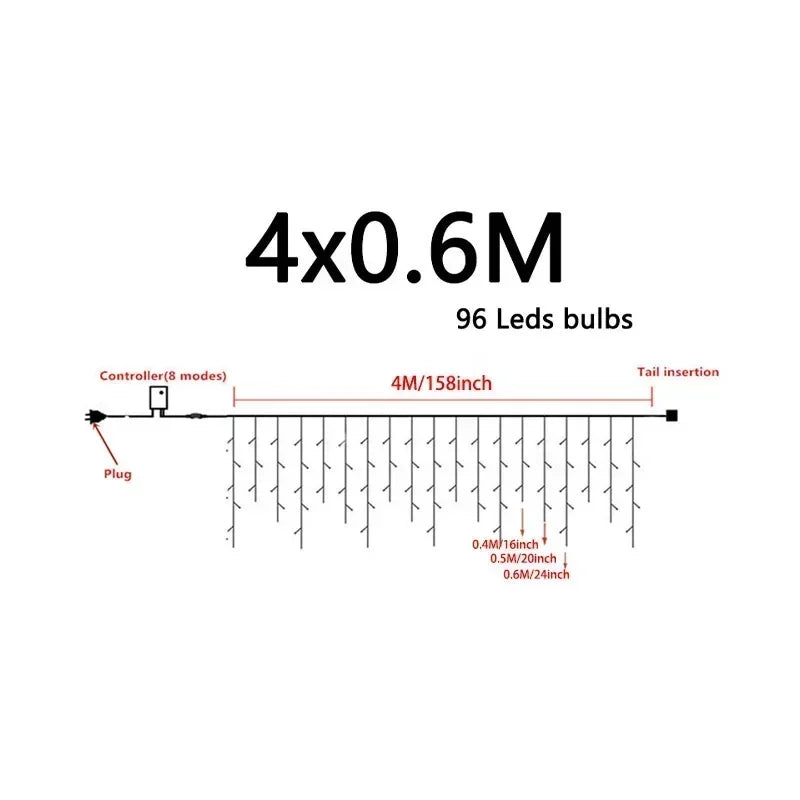 4Mx0,6M светодиодные гирлянды для штор с сосульками, вилка европейского стандарта, Рождественская гирлянда, подвесной светильник, свадебный сад, уличное декоративное освещение
